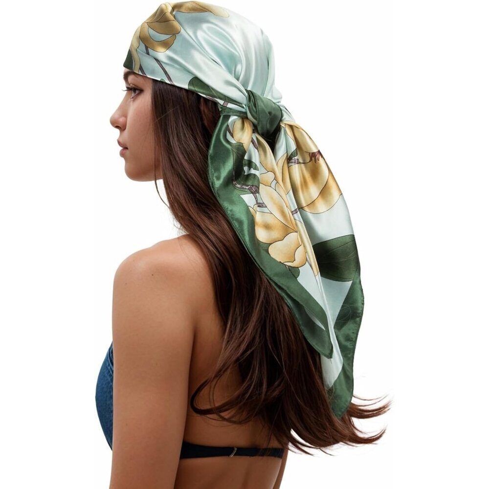 Women's Green/Cream Head Scarf Like Silk Printed Square Hair Bandanas 35 Inches